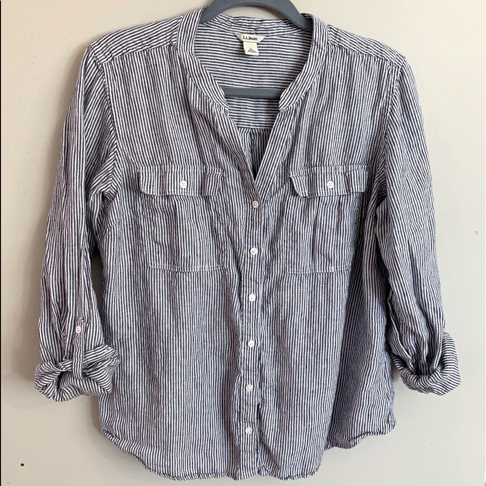 LL Bean Linen navy/white striped shirt